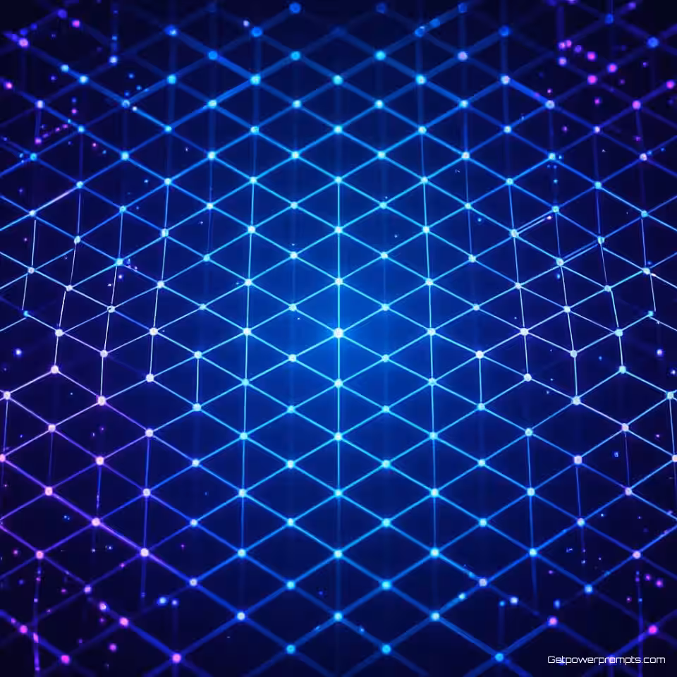 Zeshoekig raster holografisch rasterpatroon, donker verloop achtergrond, cyaan en paars kleurenpalet, futuristische digitale kunst, gloeiende rasterlijnen, naadloze webachtergrond, etherische lichteffecten, cyberpunk esthetiek, doorschijnende lagen, modern technologisch ontwerp