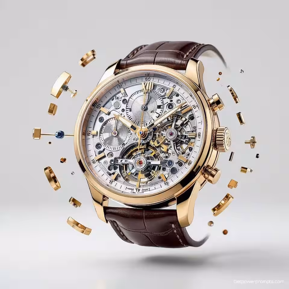 Mechanisch Horloge, uitgeklapte weergave fotografie, fotorealistisch stijl, studio verlichting verlichting, driekwart aanzicht perspectief, zwevende componenten opstelling, technische illustratie esthetiek, effen kleur achtergrond, professionele product anatomie showcase