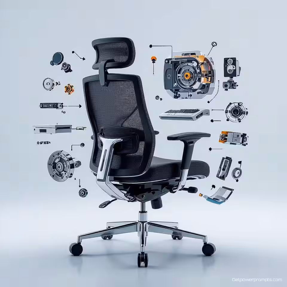 Kantoorstoel, uitgeklapte weergave fotografie, fotorealistisch stijl, studio verlichting verlichting, driekwart aanzicht perspectief, zwevende componenten opstelling, technische illustratie esthetiek, effen kleur achtergrond, professionele product anatomie showcase