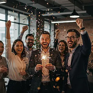 Project lancering viering, fotorealistische fotografie, blije viering sfeer, groepsfoto compositie perspectief, zacht natuurlijk licht belichting, kantoor setting omgeving, vieringsmoment, team succes visualisatie, authentieke emotionele expressie, professionele mijlpaal bereiking, natuurlijke groep viering, zachte achtergrond focus