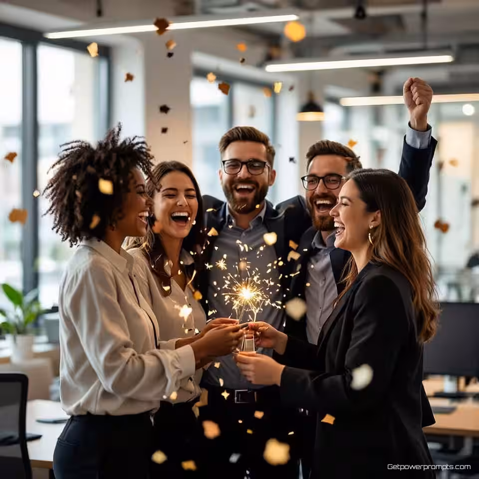 Award ceremonie moment, fotorealistische fotografie, blije viering sfeer, groepsfoto compositie perspectief, zacht natuurlijk licht belichting, kantoor setting omgeving, vieringsmoment, team succes visualisatie, authentieke emotionele expressie, professionele mijlpaal bereiking, natuurlijke groep viering, zachte achtergrond focus