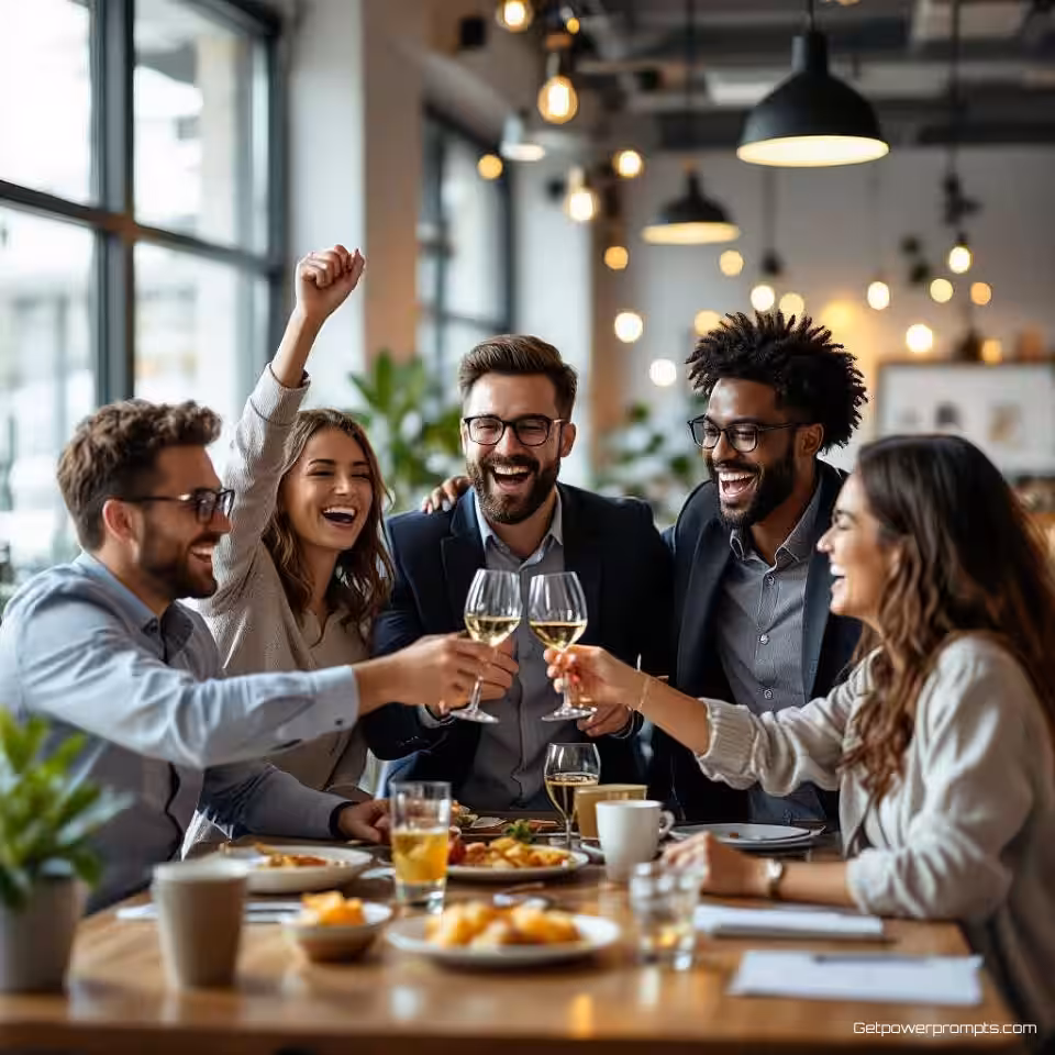 Kwartaal doel bereiking, fotorealistische fotografie, blije viering sfeer, groepsfoto compositie perspectief, zacht natuurlijk licht belichting, kantoor setting omgeving, vieringsmoment, team succes visualisatie, authentieke emotionele expressie, professionele mijlpaal bereiking, natuurlijke groep viering, zachte achtergrond focus