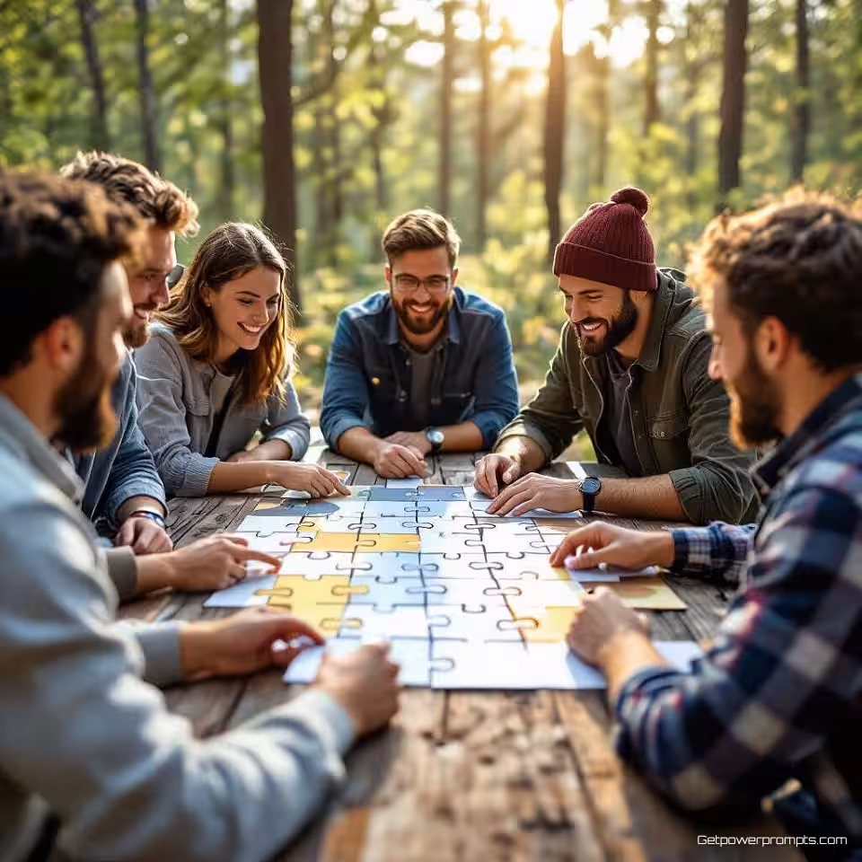 Groepspuzzel uitdaging, fotorealistisch, energiek sfeer, groepsshots perspectief, natuurlijk daglicht belichting, bos setting omgeving, outdoor team building oefening, natuurlijke groepsdynamiek, authentieke teamverbinding, collaboratieve uitdaging activiteit, professionele ontwikkelingsomgeving, zachte achtergrond focus, natuurlijke landschapselementen
