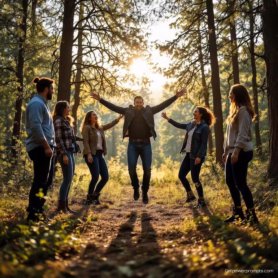Vertrouwensval oefening, fotorealistisch, energiek sfeer, groepsshots perspectief, natuurlijk daglicht belichting, bos setting omgeving, outdoor team building oefening, natuurlijke groepsdynamiek, authentieke teamverbinding, collaboratieve uitdaging activiteit, professionele ontwikkelingsomgeving, zachte achtergrond focus, natuurlijke landschapselementen