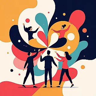 Team samenwerking, abstracte illustratie, inspirerend sfeer, gecentreerde compositie perspectief, warme neutrale tinten, minimalistische werkplek omgeving, symbolische teamwaarden representatie, abstracte culturele elementen, moderne bedrijfscultuur, visuele metafoor voor samenwerking, professionele werkplekwaarden, hedendaagse bedrijfscultuur esthetiek