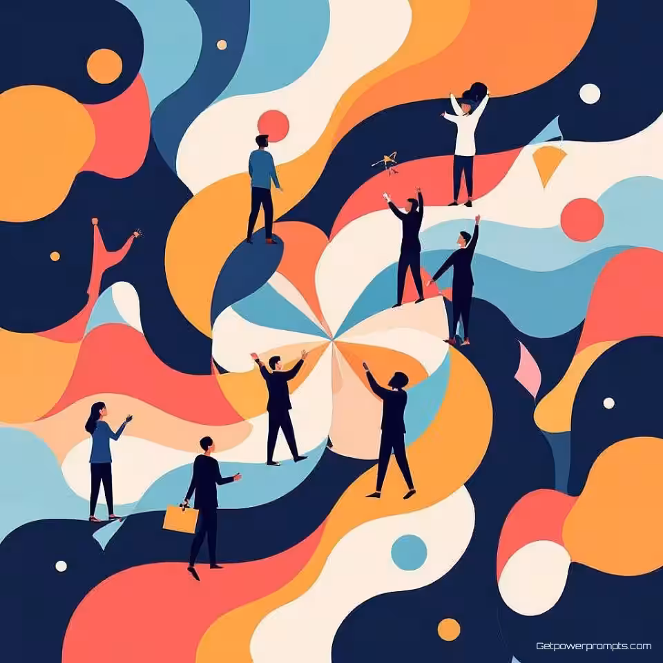 Inclusieve diversiteit, abstracte illustratie, inspirerend sfeer, gecentreerde compositie perspectief, warme neutrale tinten, minimalistische werkplek omgeving, symbolische teamwaarden representatie, abstracte culturele elementen, moderne bedrijfscultuur, visuele metafoor voor samenwerking, professionele werkplekwaarden, hedendaagse bedrijfscultuur esthetiek