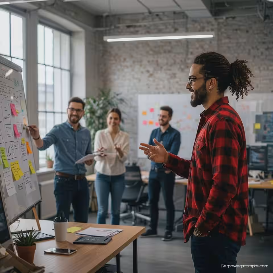 Innovatiegroep, fotorealistisch, energiek sfeer, groothoek perspectief, zacht natuurlijk licht verlichting, modern kantoor omgeving, creatieve brainstormsessie, innovatieworkshop setting, dynamische ideeëngeneratie, whiteboard samenwerking, natuurlijke creatieve energie, professionele innovatieruimte, authentieke teamcreativiteit, zachte achtergrondfocus