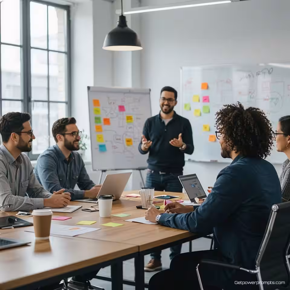 Divers team, fotorealistisch, energiek sfeer, groothoek perspectief, zacht natuurlijk licht verlichting, modern kantoor omgeving, creatieve brainstormsessie, innovatieworkshop setting, dynamische ideeëngeneratie, whiteboard samenwerking, natuurlijke creatieve energie, professionele innovatieruimte, authentieke teamcreativiteit, zachte achtergrondfocus