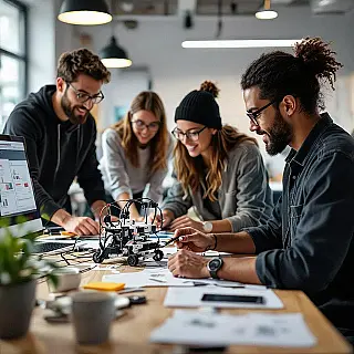 Product prototyping sessie, fotorealistisch, energiek sfeer, groothoek perspectief, natuurlijk licht belichting, industriële loft omgeving, innovatieworkshop setting, creatieve prototypesessie, hands-on team samenwerking, moderne makerspace, natuurlijke creatieve energie, professionele innovatieomgeving, authentiek team experimenteren, zachte achtergrond focus