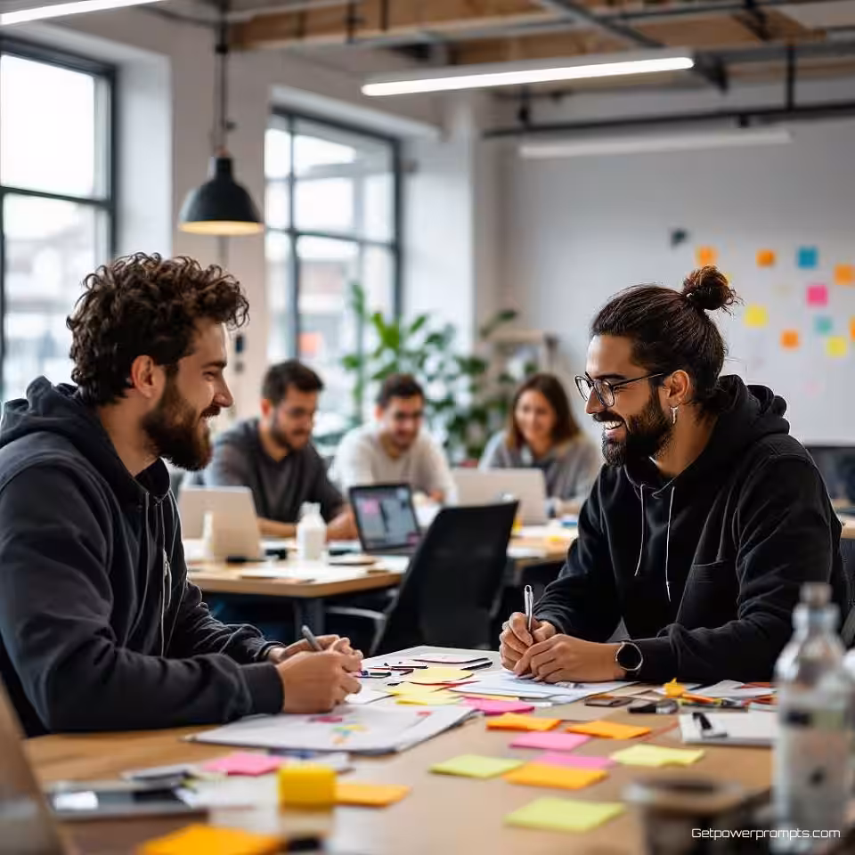 Design thinking workshop, fotorealistisch, energiek sfeer, groothoek perspectief, natuurlijk licht belichting, industriële loft omgeving, innovatieworkshop setting, creatieve prototypesessie, hands-on team samenwerking, moderne makerspace, natuurlijke creatieve energie, professionele innovatieomgeving, authentiek team experimenteren, zachte achtergrond focus