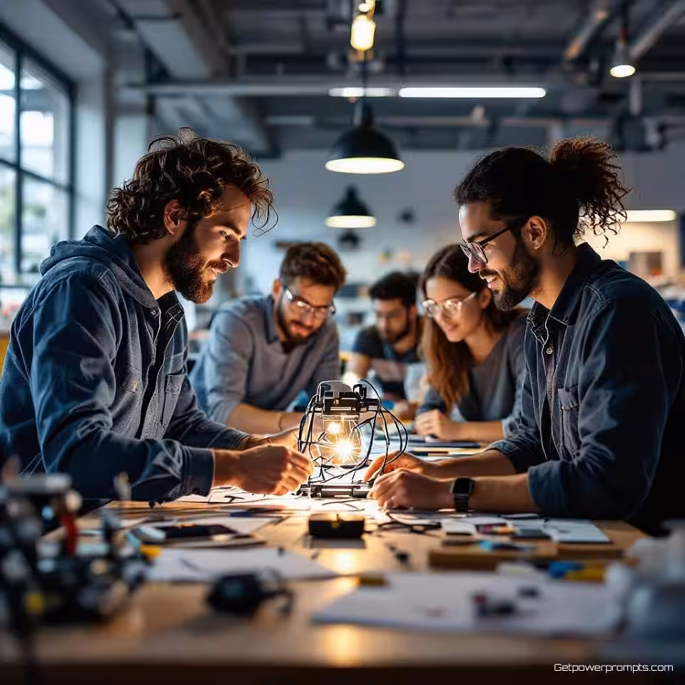 Technologie test activiteit, fotorealistisch, energiek sfeer, groothoek perspectief, natuurlijk licht belichting, industriële loft omgeving, innovatieworkshop setting, creatieve prototypesessie, hands-on team samenwerking, moderne makerspace, natuurlijke creatieve energie, professionele innovatieomgeving, authentiek team experimenteren, zachte achtergrond focus