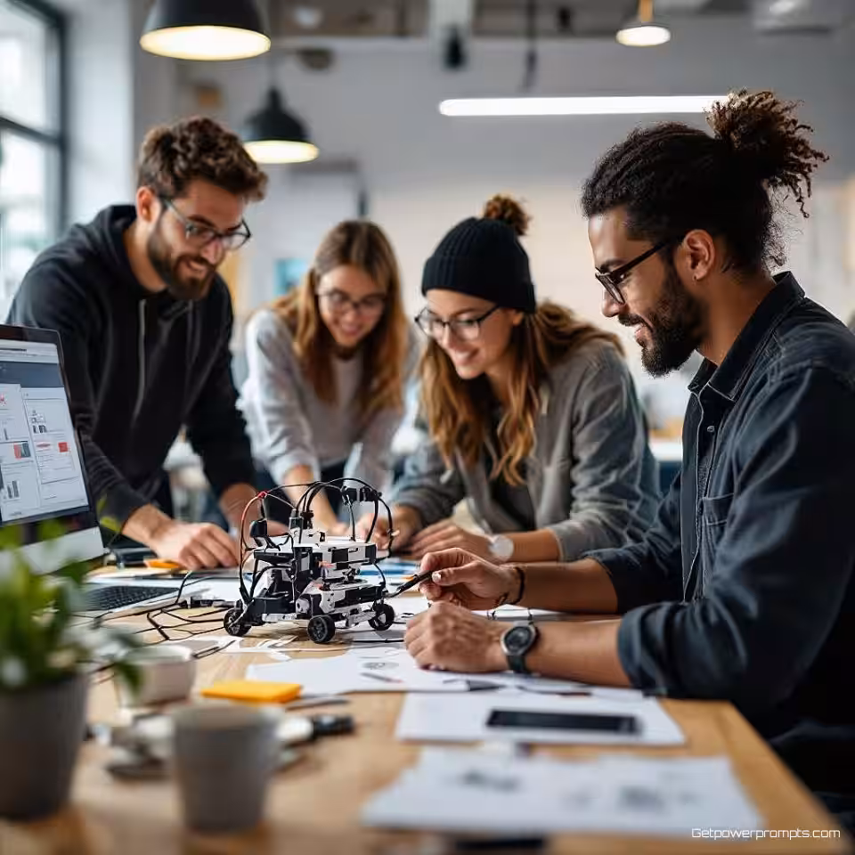 Product prototyping sessie, fotorealistisch, energiek sfeer, groothoek perspectief, natuurlijk licht belichting, industriële loft omgeving, innovatieworkshop setting, creatieve prototypesessie, hands-on team samenwerking, moderne makerspace, natuurlijke creatieve energie, professionele innovatieomgeving, authentiek team experimenteren, zachte achtergrond focus
