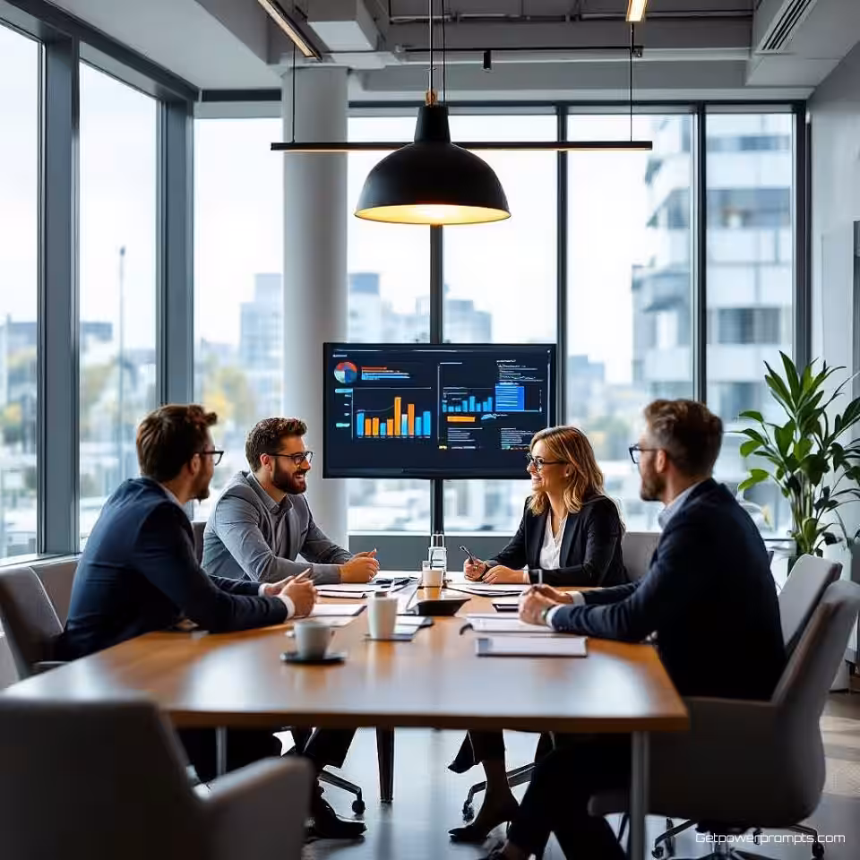 Strategievergadering, fotorealistisch, professioneel sfeer, groothoek perspectief, natuurlijk daglicht verlichting, modern kantoor omgeving, collaboratieve vergaderruimte, teamdiscussie visualisatie, moderne vergaderzaal, natuurlijke groepsdynamiek, professionele bedrijfsvergadering, authentieke werkplekinteractie