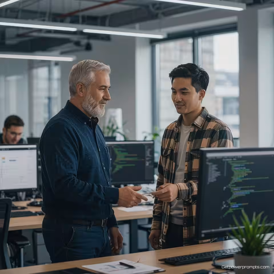Senior ingenieur begeleidt junior ontwikkelaar, fotorealistisch, ondersteunend sfeer, medium shot perspectief, zacht natuurlijk licht belichting, modern kantoor omgeving, professioneel mentorschap moment, ervaren teamlid begeleiding, authentieke kennisoverdracht, natuurlijke leerinteractie, zachte achtergrond focus, werkplek ontwikkelingsscène