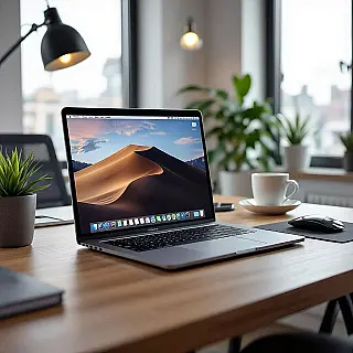 Professionele bureauopstelling met laptop, fotorealistisch, professioneel sfeer, close-up perspectief, zacht natuurlijk licht verlichting, onscherpe achtergrond omgeving, professionele werkplek detail, authentieke kantooromgeving, natuurlijk omgevingslicht, zachte achtergrondfocus, gedetailleerde werkplek esthetiek