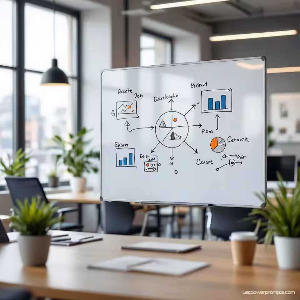 Collaboratief whiteboard met diagrammen, fotorealistisch, professioneel sfeer, close-up perspectief, zacht natuurlijk licht verlichting, onscherpe achtergrond omgeving, professionele werkplek detail, authentieke kantooromgeving, natuurlijk omgevingslicht, zachte achtergrondfocus, gedetailleerde werkplek esthetiek