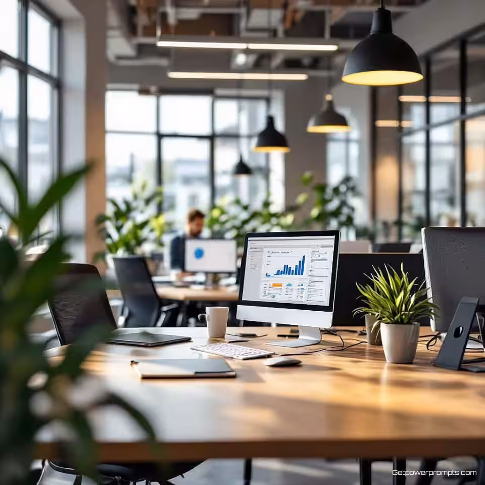 Gedeeld teamwerkplek gebied, fotorealistisch, professioneel sfeer, close-up perspectief, zacht natuurlijk licht verlichting, onscherpe achtergrond omgeving, professionele werkplek detail, authentieke kantooromgeving, natuurlijk omgevingslicht, zachte achtergrondfocus, gedetailleerde werkplek esthetiek