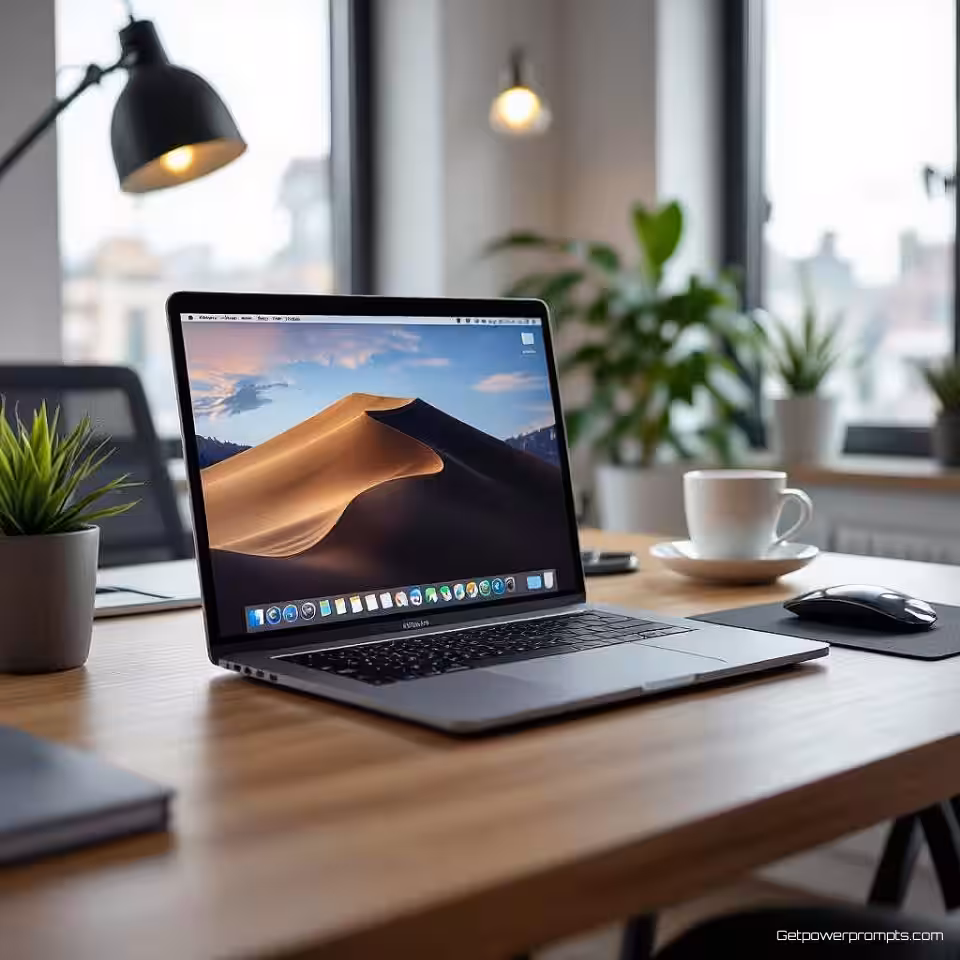 Professionele bureauopstelling met laptop, fotorealistisch, professioneel sfeer, close-up perspectief, zacht natuurlijk licht verlichting, onscherpe achtergrond omgeving, professionele werkplek detail, authentieke kantooromgeving, natuurlijk omgevingslicht, zachte achtergrondfocus, gedetailleerde werkplek esthetiek