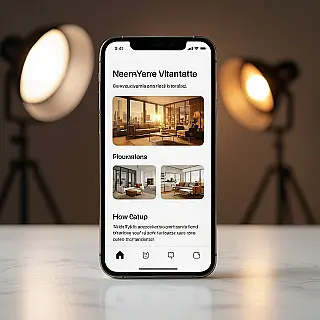 Mobiele app scherm, fotorealistisch, professioneel sfeer, witte achtergrond achtergrond, zacht licht verlichting, pastel kleuren, mobiele landingspagina ontwerp, schone interface lay-out, professionele esthetiek, scherpe focus, modern webdesign, gebruikerservaring gerichte compositie