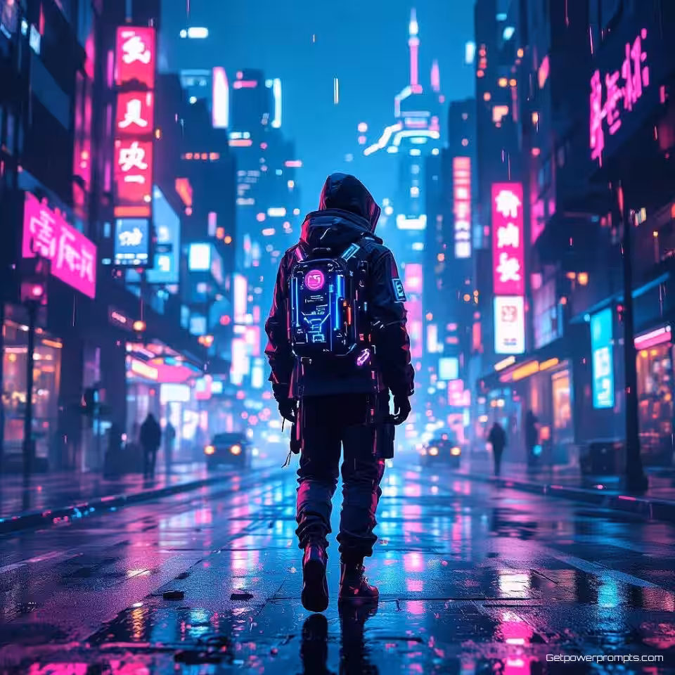 Digitale zwerver in futuristische kleding, digitale schilderkunst, mysterieus sfeer, futuristische stad met wolkenkrabbers achtergrond, neon verlichting verlichting, cyberpunk esthetiek, neon gloed, futuristisch stadslandschap, digitale illustratie, verdwaald in digitale wereld, holografische elementen, neon cyaan en magenta, atmosferisch perspectief, cybernetische details, stedelijk verval, technologische fusie