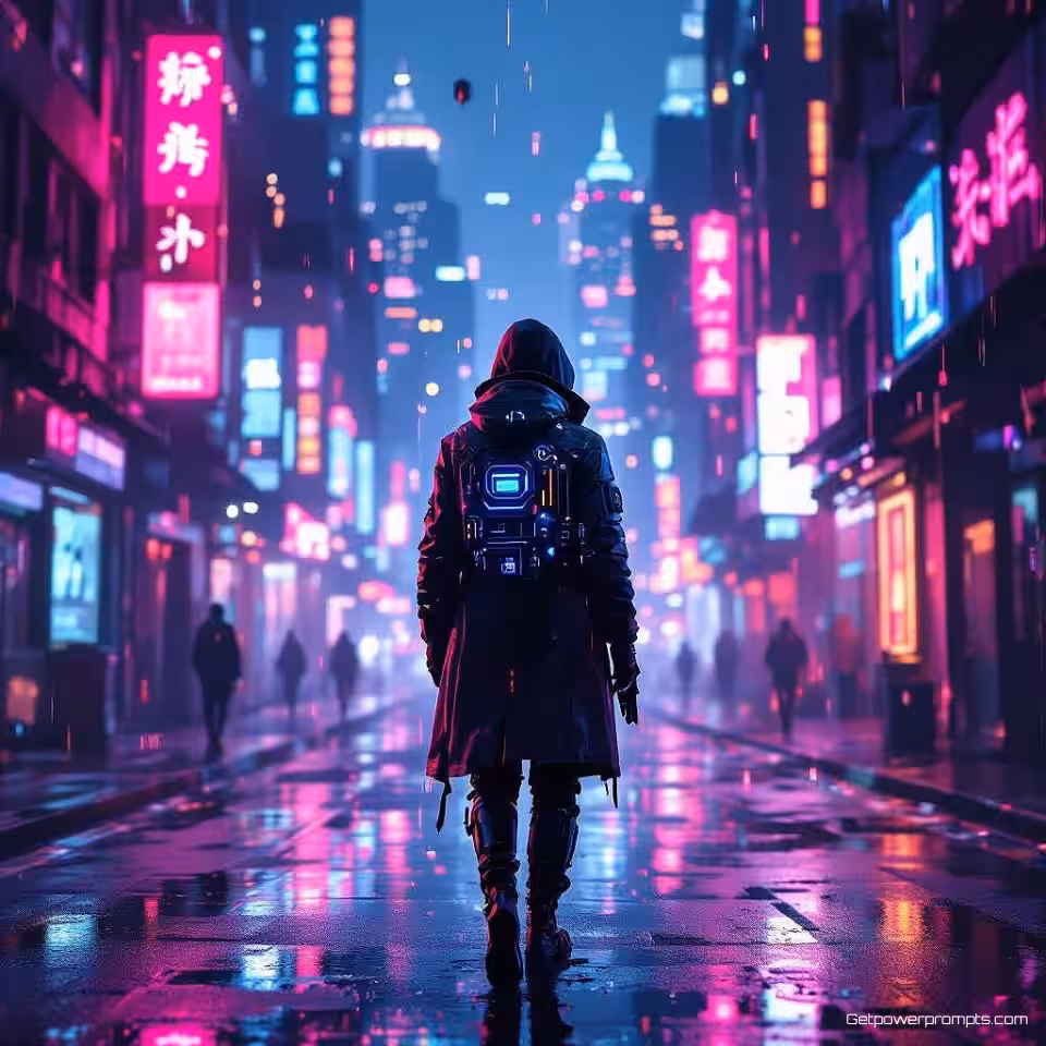 Tech detective met cybernetische verbeteringen, digitale schilderkunst, mysterieus sfeer, futuristische stad met wolkenkrabbers achtergrond, neon verlichting verlichting, cyberpunk esthetiek, neon gloed, futuristisch stadslandschap, digitale illustratie, verdwaald in digitale wereld, holografische elementen, neon cyaan en magenta, atmosferisch perspectief, cybernetische details, stedelijk verval, technologische fusie