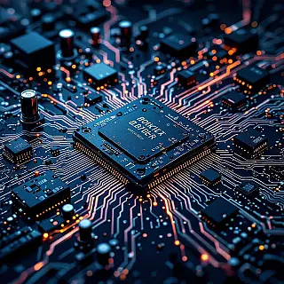 Gebroken moederbord, digitale illustratie, dramatisch sfeer, abstract achtergrond, dramatisch verlichting, gebroken printplaat esthetiek, digitaal mankement thema, verbrande componenten, gebarsten printplaat, blootgestelde sporen, monochroom, gecentreerde compositie, technologische verval, hardwarestoring visualisatie, digitale illustratie, abstracte technologie kunst, elektronische storing, circuitfragmentatie, moederbordschade, digitale kunst