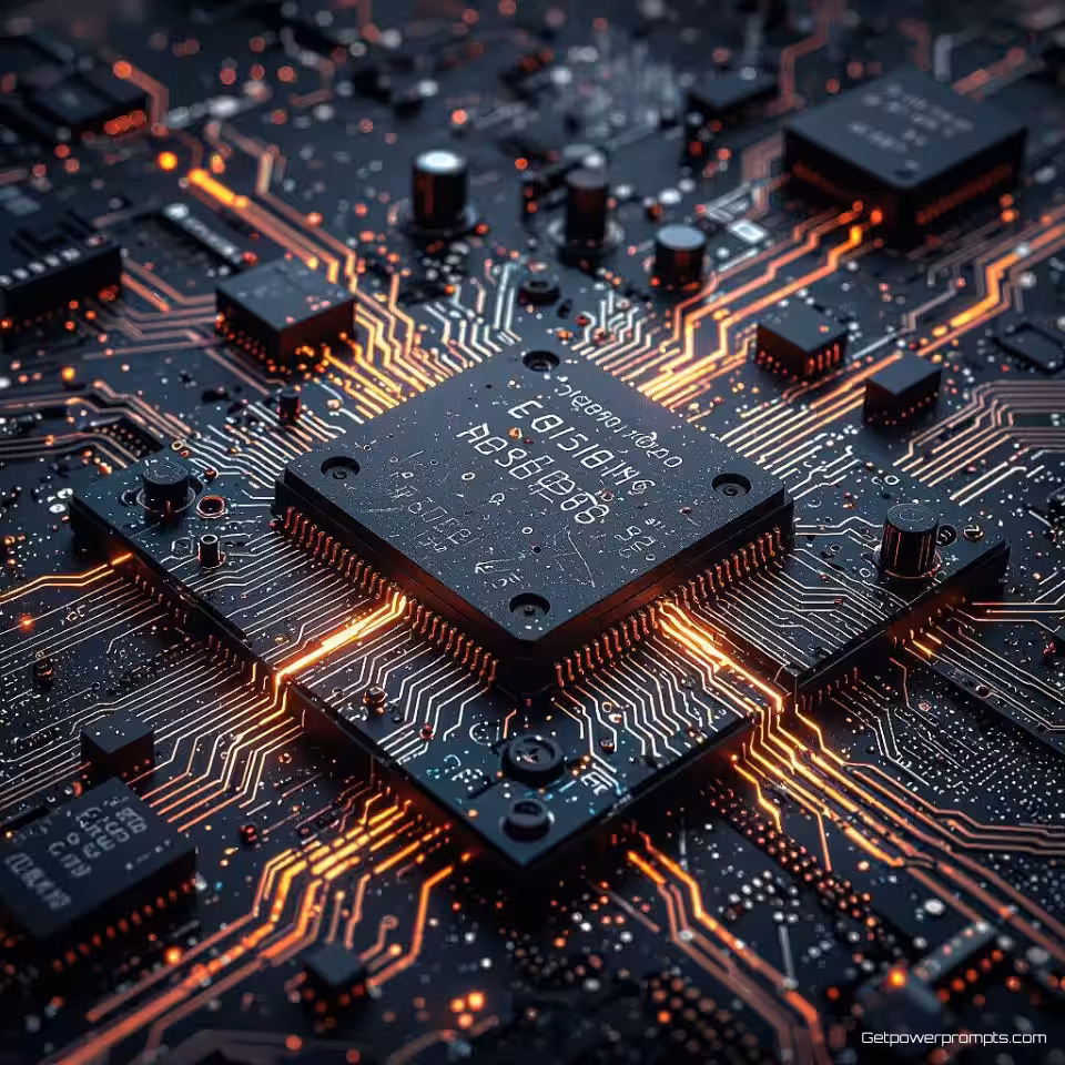 Beschadigde processor, digitale illustratie, dramatisch sfeer, abstract achtergrond, dramatisch verlichting, gebroken printplaat esthetiek, digitaal mankement thema, verbrande componenten, gebarsten printplaat, blootgestelde sporen, monochroom, gecentreerde compositie, technologische verval, hardwarestoring visualisatie, digitale illustratie, abstracte technologie kunst, elektronische storing, circuitfragmentatie, moederbordschade, digitale kunst