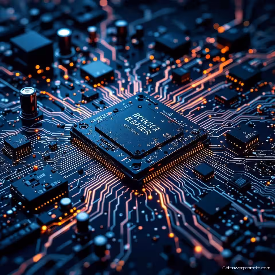 Gebroken moederbord, digitale illustratie, dramatisch sfeer, abstract achtergrond, dramatisch verlichting, gebroken printplaat esthetiek, digitaal mankement thema, verbrande componenten, gebarsten printplaat, blootgestelde sporen, monochroom, gecentreerde compositie, technologische verval, hardwarestoring visualisatie, digitale illustratie, abstracte technologie kunst, elektronische storing, circuitfragmentatie, moederbordschade, digitale kunst