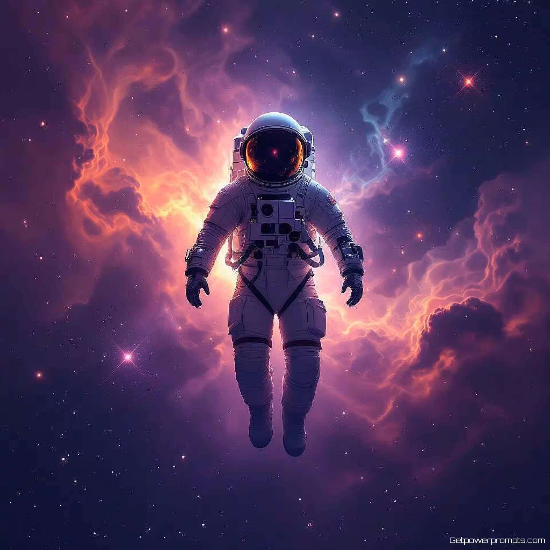 Zwevende astronaut, digitale schildering, mysterieus sfeer, diepe ruimte achtergrond, sterlicht verlichting, kosmische nevel thema, wervelende gaswolken, stervorming, interstellair stof, paars-blauw, gecentreerde compositie, diepe ruimte esthetiek, etherische kosmische elementen, digitale kunst, astronomische fenomenen, hemellichamen, ruimteverkenning thema, verdwaald in kosmos visualisatie