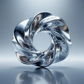 Abstracte geometrische vorm, digitale illustratie, futuristisch sfeer, verloop achtergrond achtergrond, zacht licht verlichting, vloeibaar metaal esthetiek, vloeiende metalen vormen, reflecterende oppervlakken, abstracte digitale kunst, gecentreerde compositie, zilver en blauw, dynamische vloeibare vormen, gepolijst chroom effecten, organische metaalstroom, hedendaagse kunststijl, digitale illustratie