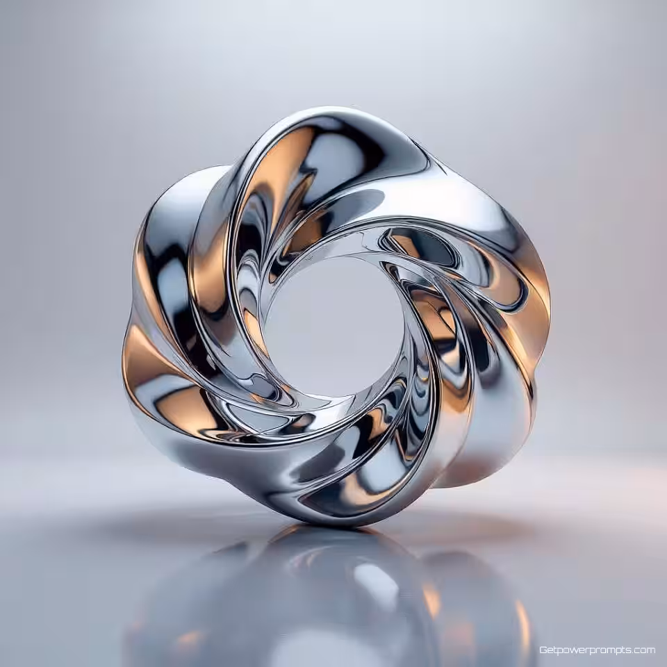 Abstracte geometrische vorm, 3D render, futuristisch sfeer, verloop achtergrond achtergrond, zacht licht verlichting, vloeibaar metaal esthetiek, vloeiende metalen vormen, reflecterende oppervlakken, abstracte digitale kunst, gecentreerde compositie, zilver en blauw, dynamische vloeibare vormen, gepolijst chroom effecten, organische metaalstroom, hedendaagse kunststijl, digitale illustratie