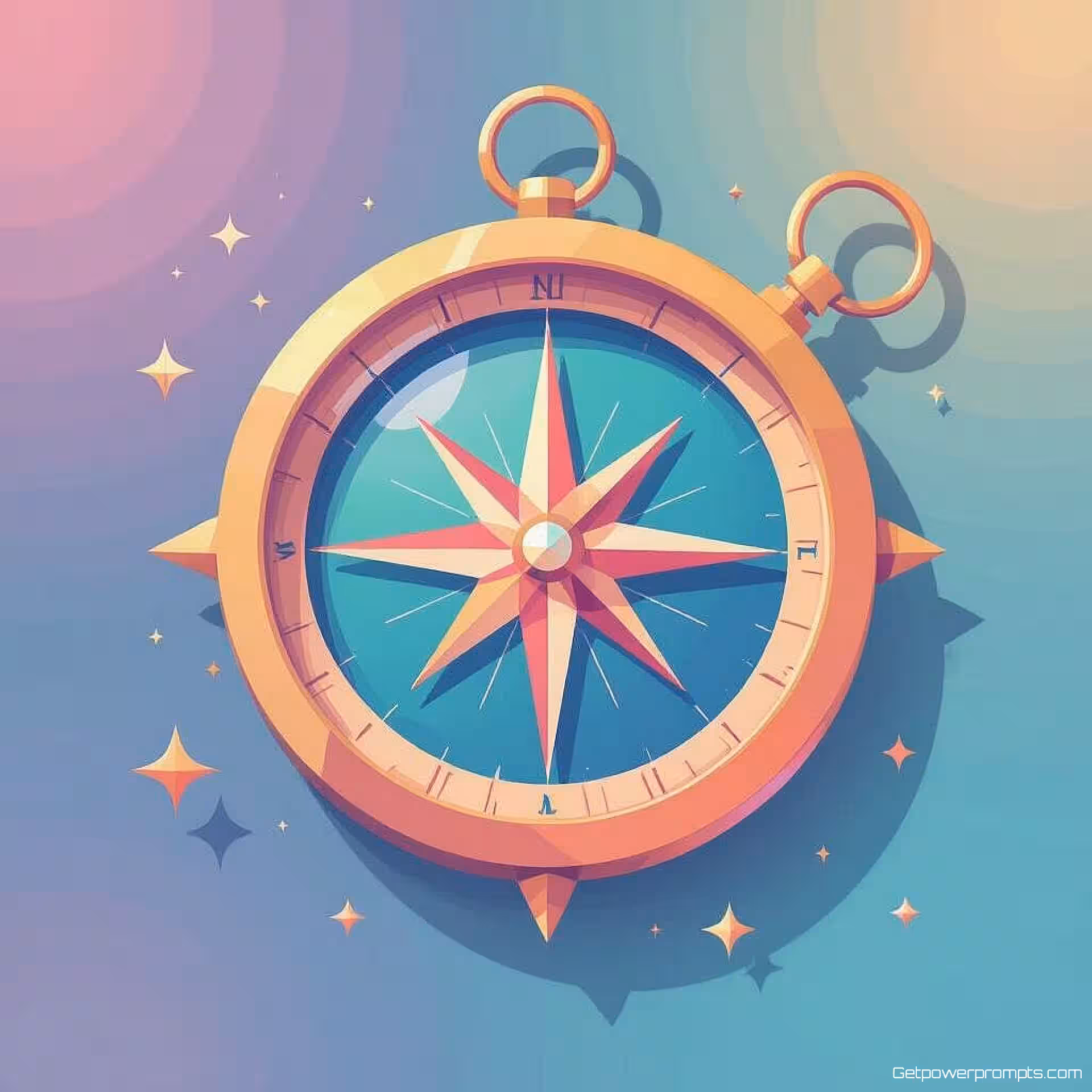 Verloren kompas, plat ontwerp, speels sfeer, gradiënt achtergrond, zacht licht verlichting, digitale illustratie, gecentreerde compositie, pastel kleuren, schone vector kunst, modern webdesign, geometrische elementen, plat ontwerp esthetiek, hedendaagse illustratiestijl, website foutpagina visualisatie, digitale kunst