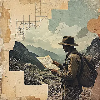 Verdwaalde ontdekkingsreiziger met kaart, surrealistische collage, mysterieus sfeer, textuur papier achtergrond, zacht diffuus belichting, digitale collage kunst, mixed media esthetiek, gelaagde compositie, aardse tonen, surrealistische elementen, textuur overlays, gevonden voorwerpen, vintage ephemera, abstracte vormen, handgetekende elementen, digitale manipulatie, artistieke fusie, creatieve juxtapositie