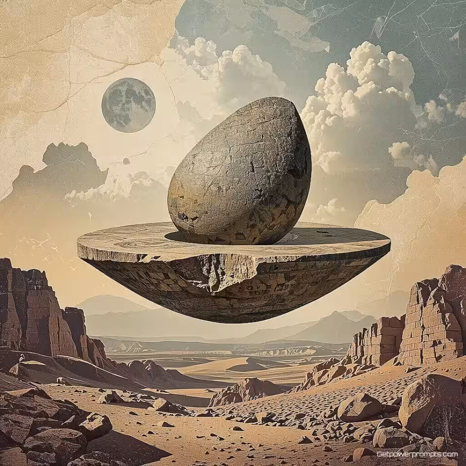 Zwevend oud artefact, surrealistische collage, mysterieus sfeer, textuur papier achtergrond, zacht diffuus belichting, digitale collage kunst, mixed media esthetiek, gelaagde compositie, aardse tonen, surrealistische elementen, textuur overlays, gevonden voorwerpen, vintage ephemera, abstracte vormen, handgetekende elementen, digitale manipulatie, artistieke fusie, creatieve juxtapositie