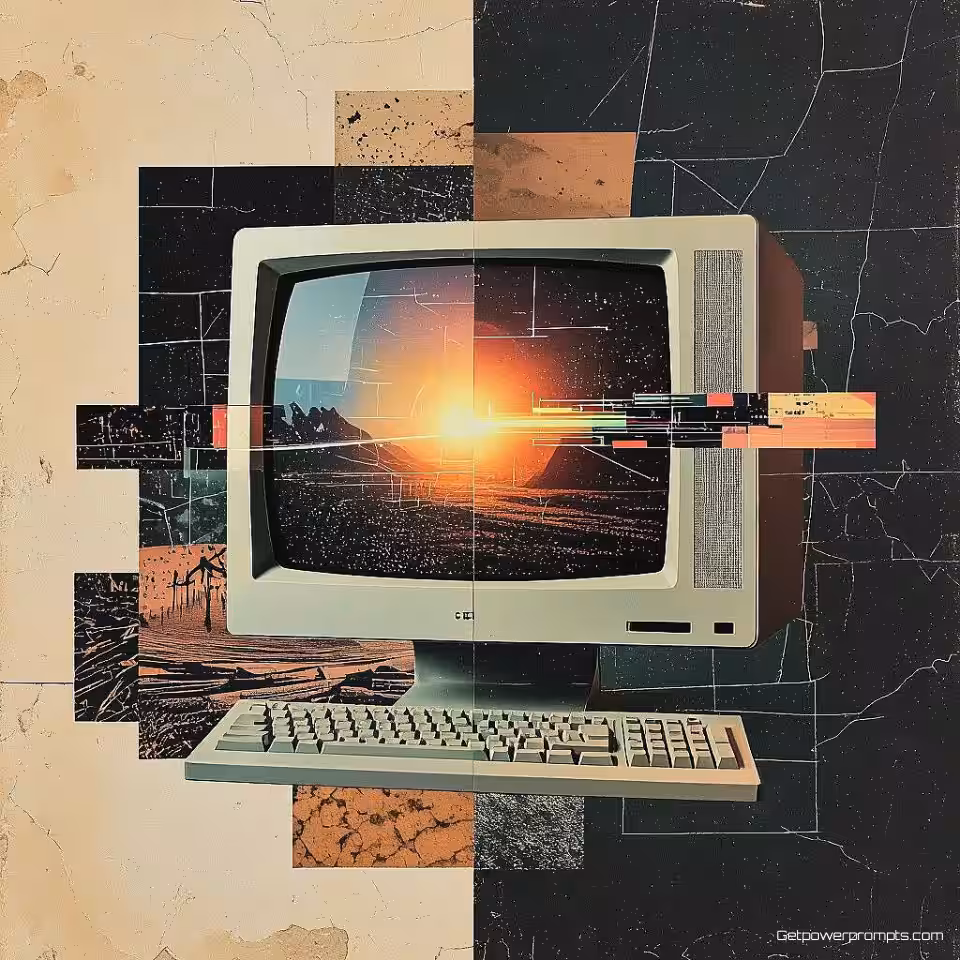 Glitchbeeld computerscherm, surrealistische collage, mysterieus sfeer, textuur papier achtergrond, zacht diffuus belichting, digitale collage kunst, mixed media esthetiek, gelaagde compositie, aardse tonen, surrealistische elementen, textuur overlays, gevonden voorwerpen, vintage ephemera, abstracte vormen, handgetekende elementen, digitale manipulatie, artistieke fusie, creatieve juxtapositie