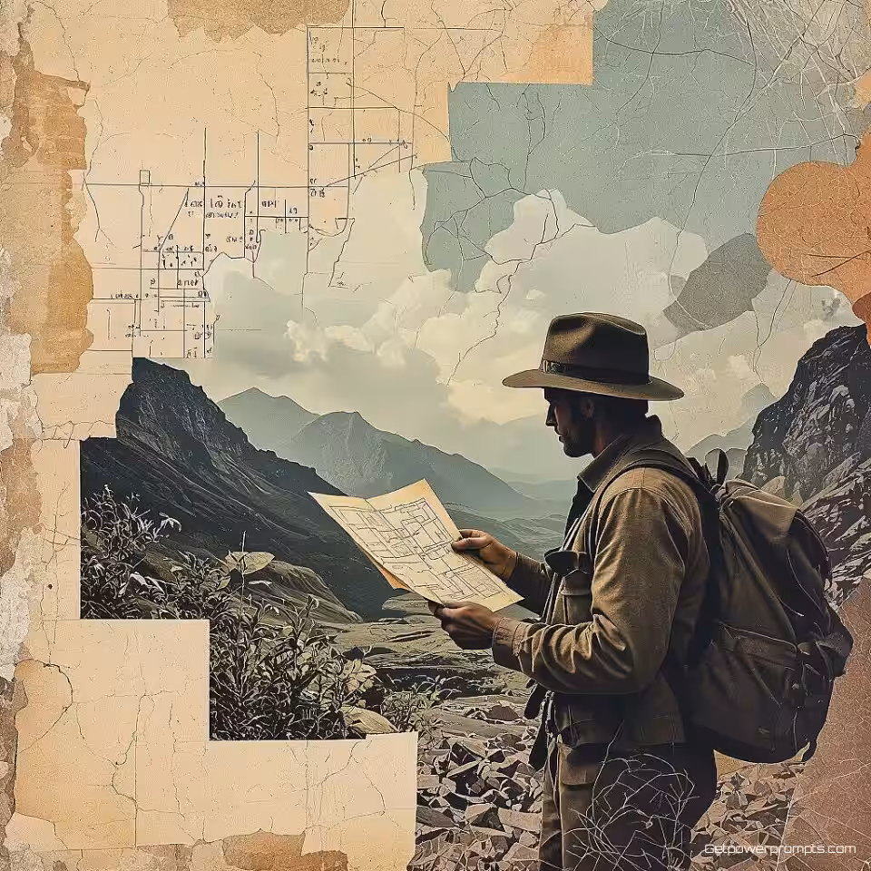 Verdwaalde ontdekkingsreiziger met kaart, surrealistische collage, mysterieus sfeer, textuur papier achtergrond, zacht diffuus belichting, digitale collage kunst, mixed media esthetiek, gelaagde compositie, aardse tonen, surrealistische elementen, textuur overlays, gevonden voorwerpen, vintage ephemera, abstracte vormen, handgetekende elementen, digitale manipulatie, artistieke fusie, creatieve juxtapositie