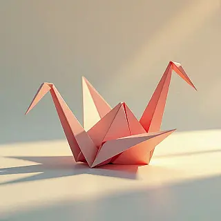 Papieren kraanvogel, digitale illustratie, speels sfeer, effen kleur achtergrond, zacht licht belichting, digitale origami illustratie, gevouwen papier esthetiek, geometrische papieren vormen, schone papieren randen, pastel kleuren, gecentreerde compositie, papieren sculptuurkunst, minimalistisch papieren ontwerp, driedimensionale papieren kunst, scherpe papieren vouwen, hedendaagse ambachtelijke stijl, digitale papieren kunst, origami-geïnspireerd ontwerp, precieze papieren geometrie, papieren schaduwspel