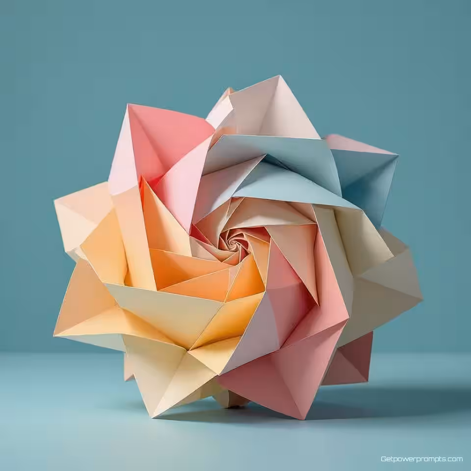 Abstracte vorm, digitale illustratie, speels sfeer, effen kleur achtergrond, zacht licht belichting, digitale origami illustratie, gevouwen papier esthetiek, geometrische papieren vormen, schone papieren randen, pastel kleuren, gecentreerde compositie, papieren sculptuurkunst, minimalistisch papieren ontwerp, driedimensionale papieren kunst, scherpe papieren vouwen, hedendaagse ambachtelijke stijl, digitale papieren kunst, origami-geïnspireerd ontwerp, precieze papieren geometrie, papieren schaduwspel