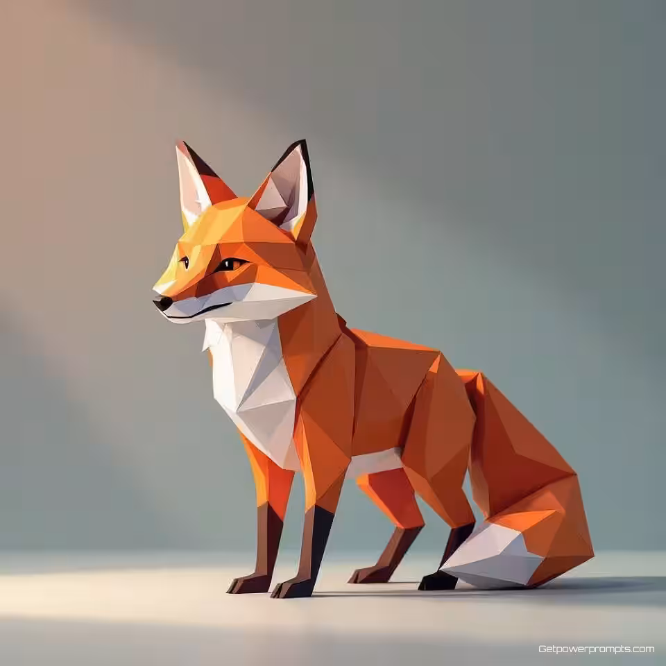 Geometrische vos, digitale illustratie, speels sfeer, effen kleur achtergrond, zacht licht belichting, digitale origami illustratie, gevouwen papier esthetiek, geometrische papieren vormen, schone papieren randen, pastel kleuren, gecentreerde compositie, papieren sculptuurkunst, minimalistisch papieren ontwerp, driedimensionale papieren kunst, scherpe papieren vouwen, hedendaagse ambachtelijke stijl, digitale papieren kunst, origami-geïnspireerd ontwerp, precieze papieren geometrie, papieren schaduwspel