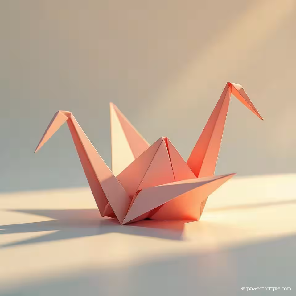 Papieren kraanvogel, digitale illustratie, speels sfeer, effen kleur achtergrond, zacht licht belichting, digitale origami illustratie, gevouwen papier esthetiek, geometrische papieren vormen, schone papieren randen, pastel kleuren, gecentreerde compositie, papieren sculptuurkunst, minimalistisch papieren ontwerp, driedimensionale papieren kunst, scherpe papieren vouwen, hedendaagse ambachtelijke stijl, digitale papieren kunst, origami-geïnspireerd ontwerp, precieze papieren geometrie, papieren schaduwspel