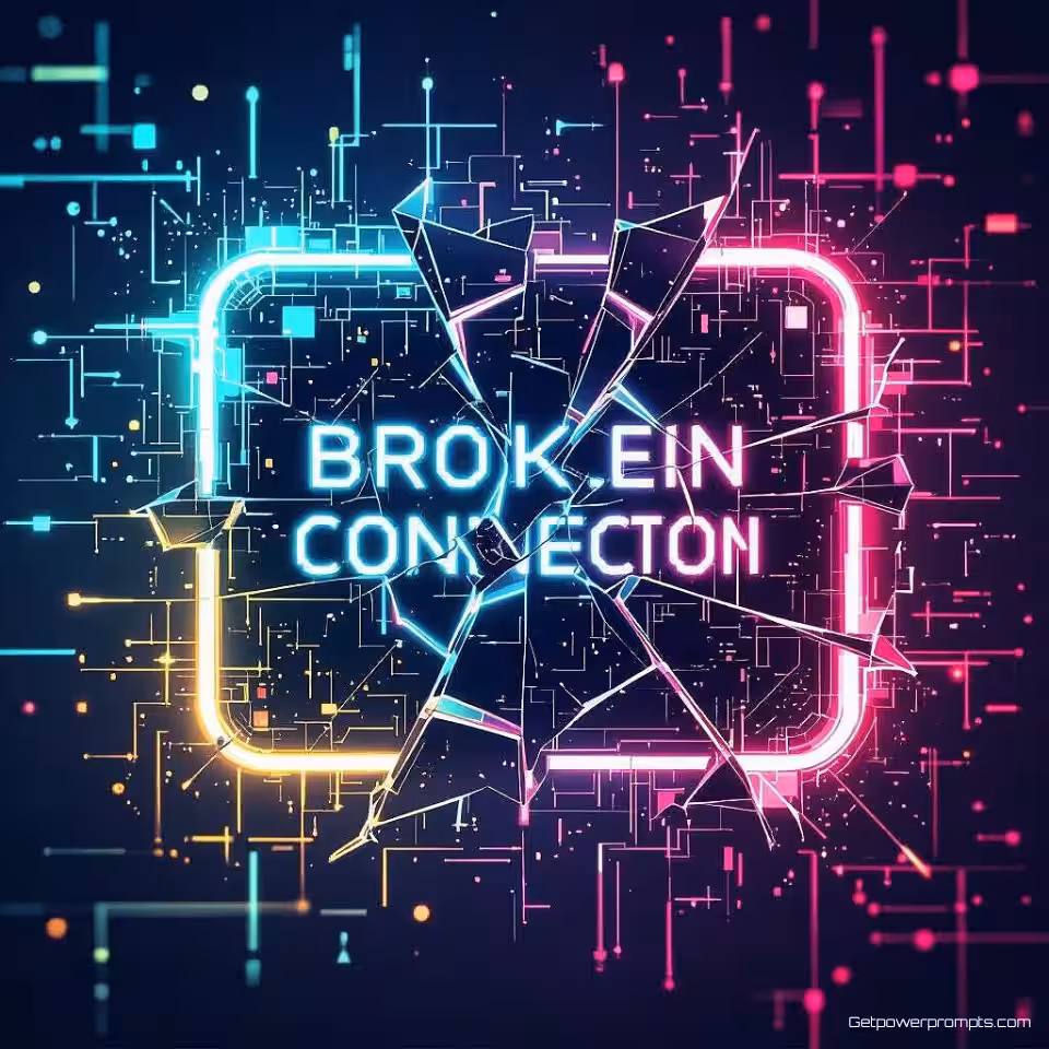 Gebroken verbindingspictogram, digitale illustratie, mysterieus sfeer, abstract digitaal achtergrond, neon gloed verlichting, glitch art esthetiek, digitale vervormingseffecten, pixelverplaatsing, RGB kleurscheiding, data corruptie visueel, digitaal artefact patronen, cyberpunk neon, abstracte digitale illustratie, gebroken digitale interface, foutmelding weergave, technologische storing, gefragmenteerde compositie, digitaal verval, schermscheureffecten, gecorrumpeerde data visualisatie