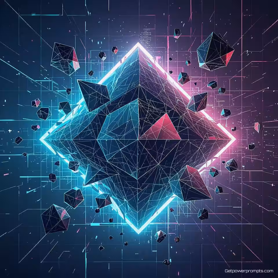 Gefragmenteerde geometrische vorm, digitale illustratie, mysterieus sfeer, abstract digitaal achtergrond, neon gloed verlichting, glitch art esthetiek, digitale vervormingseffecten, pixelverplaatsing, RGB kleurscheiding, data corruptie visueel, digitaal artefact patronen, cyberpunk neon, abstracte digitale illustratie, gebroken digitale interface, foutmelding weergave, technologische storing, gefragmenteerde compositie, digitaal verval, schermscheureffecten, gecorrumpeerde data visualisatie