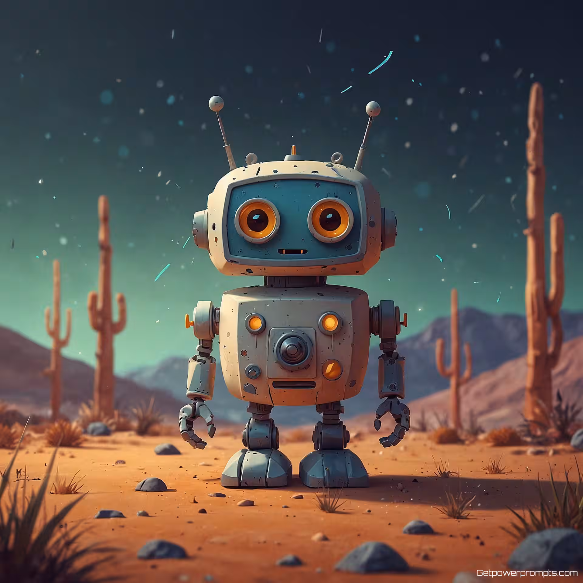 Schattige robot met antenne, cartoon illustratie, speels sfeer, abstracte vormen achtergrond, natuurlijk licht verlichting, speelse illustratie, vriendelijk personage, verdwaalde ontdekkingsreiziger thema, zachte kleuren, digitale kunst