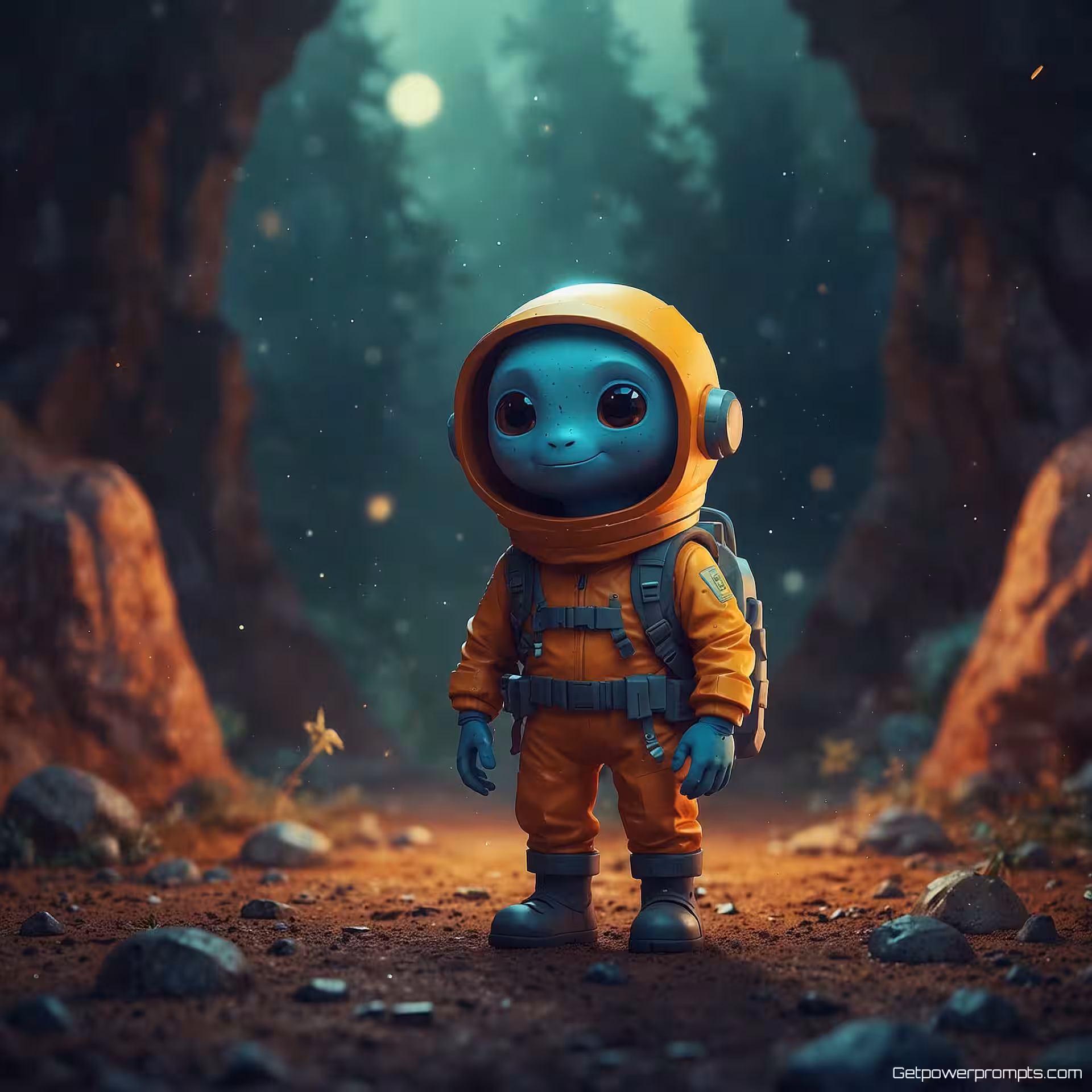 Vriendelijke alien ontdekkingsreiziger, digitale illustratie, speels sfeer, abstracte vormen achtergrond, zacht licht verlichting, speelse illustratie, vriendelijk personage, verdwaalde ontdekkingsreiziger thema, zachte kleuren, digitale kunst