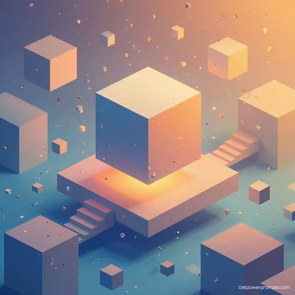 Zwevende kubus, digitale illustratie, speels sfeer, gradiënt achtergrond, zacht licht verlichting, isometrisch perspectief, digitale illustratie, schone lijnen, geometrische compositie, moderne esthetiek, pastelkleuren, architectonische stijl, 3D-achtig uiterlijk, vlakke arcering, technische tekening