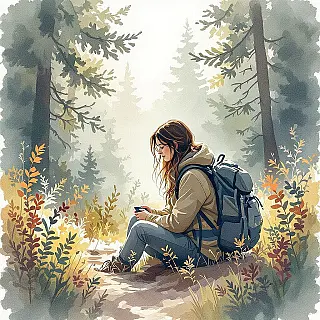 Verdwaalde wandelaar, aquarel, serieus sfeer, bos achtergrond, zacht zonlicht verlichting, natuurillustratie, organische vormen, vloeiende lijnen, botanische elementen, gecentreerde compositie, aarde tinten, digitale kunst, serene landschap, vredige omgeving, natuurlijke texturen, handgetekende esthetiek