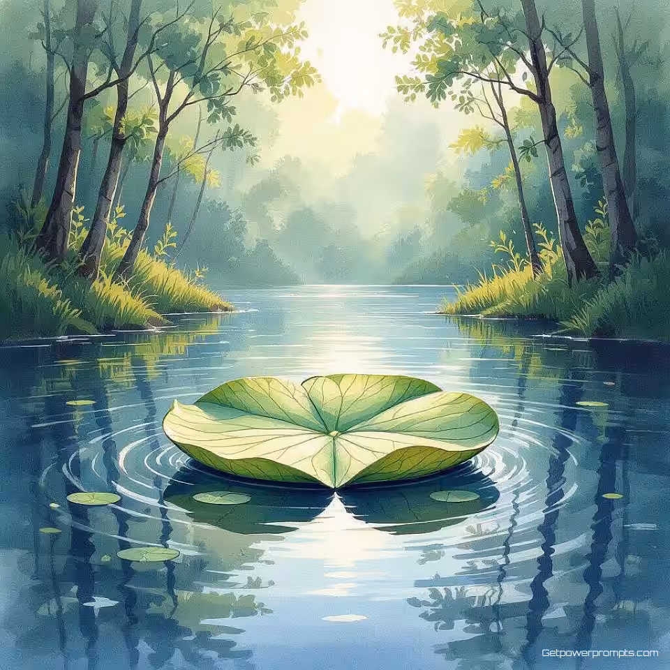 Zwevend blad, aquarel, serieus sfeer, bos achtergrond, zacht zonlicht verlichting, natuurillustratie, organische vormen, vloeiende lijnen, botanische elementen, gecentreerde compositie, aarde tinten, digitale kunst, serene landschap, vredige omgeving, natuurlijke texturen, handgetekende esthetiek