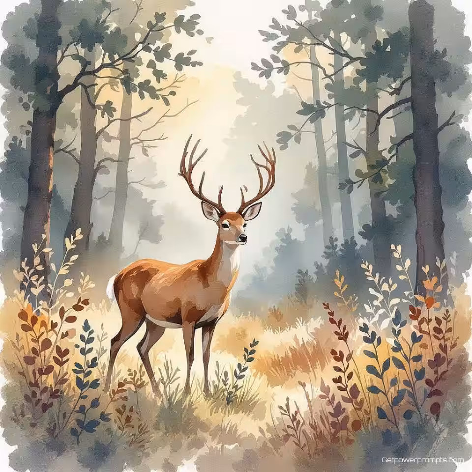 Ronddolend hert, aquarel, serieus sfeer, bos achtergrond, zacht zonlicht verlichting, natuurillustratie, organische vormen, vloeiende lijnen, botanische elementen, gecentreerde compositie, aarde tinten, digitale kunst, serene landschap, vredige omgeving, natuurlijke texturen, handgetekende esthetiek