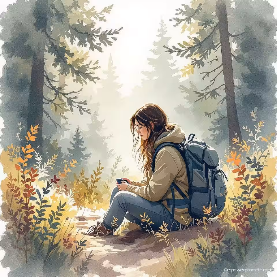 Verdwaalde wandelaar, aquarel, serieus sfeer, bos achtergrond, zacht zonlicht verlichting, natuurillustratie, organische vormen, vloeiende lijnen, botanische elementen, gecentreerde compositie, aarde tinten, digitale kunst, serene landschap, vredige omgeving, natuurlijke texturen, handgetekende esthetiek