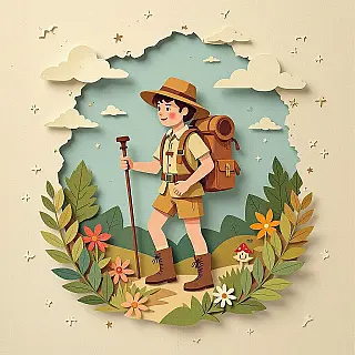 Verdwaalde ontdekkingsreiziger personage, vintage papiersnede stijl, speelse sfeer sfeer, eenvoudig papier achtergrond achtergrond, zacht natuurlijk licht verlichting, vintage papierkunst illustratie, handgesneden papier esthetiek, gelaagde papier elementen, getextureerde papier oppervlakken, aarden tinten palet, gecentreerde compositie, driedimensionale papierkunst, ambachtelijk papier texturen, papiersculptuur, mixed media collage, nostalgische ambachtelijke stijl, papieren uitsnede details, handgemaakte esthetiek, papieren schaduweffecten